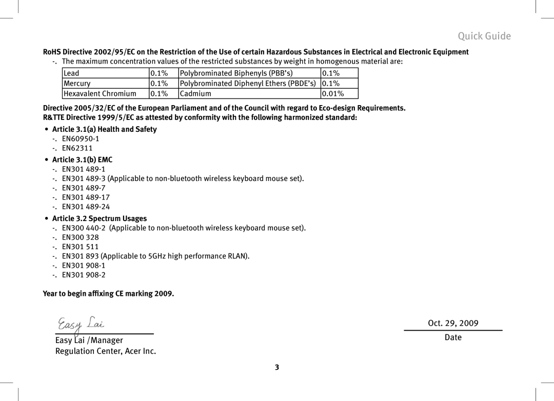 eMachines 250 Series, KAV60, eM250 series Article 3.1a Health and Safety, Article 3.1b EMC, Article 3.2 Spectrum Usages 