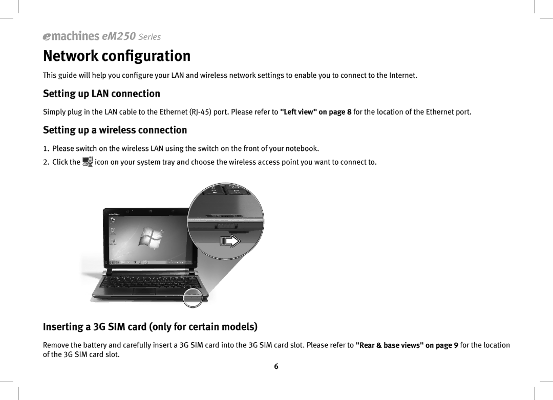 eMachines 250 Series, KAV60 manual Network configuration, Setting up LAN connection, Setting up a wireless connection 