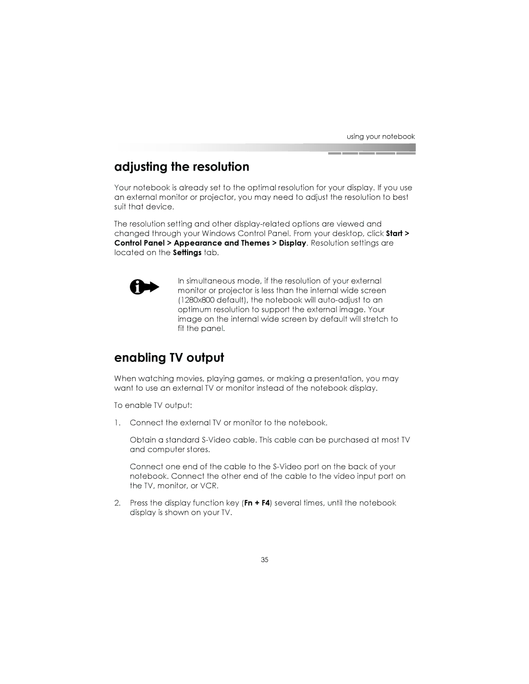 eMachines Notebooks manual Adjusting the resolution, Enabling TV output 