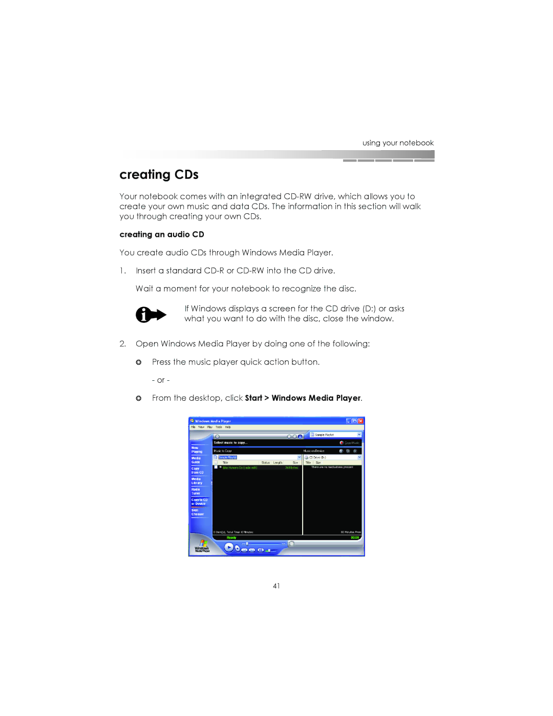 eMachines Notebooks manual Creating CDs, Creating an audio CD, From the desktop, click Start Windows Media Player 