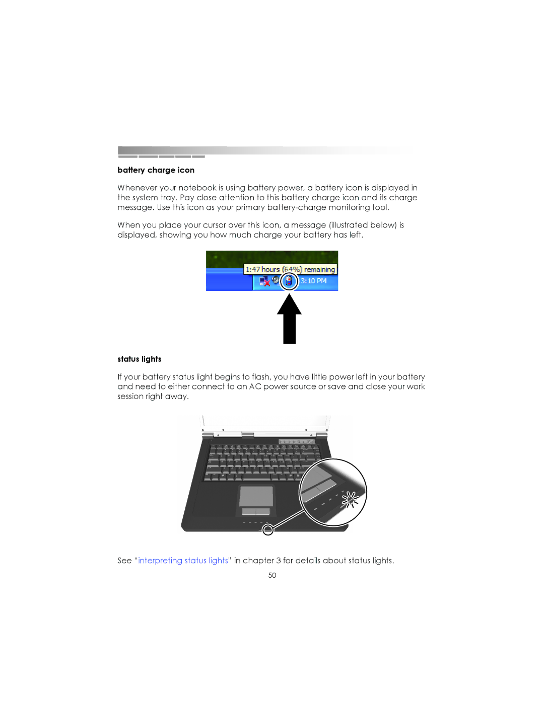 eMachines Notebooks manual Battery charge icon, Status lights 