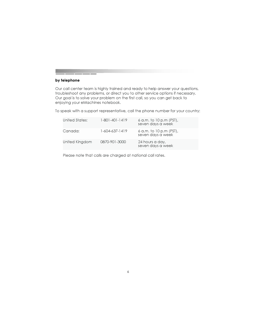 eMachines Notebooks manual By telephone 