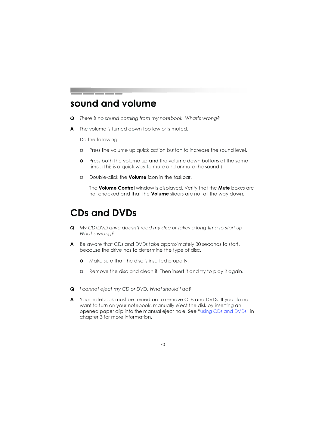 eMachines Notebooks manual Sound and volume, CDs and DVDs 