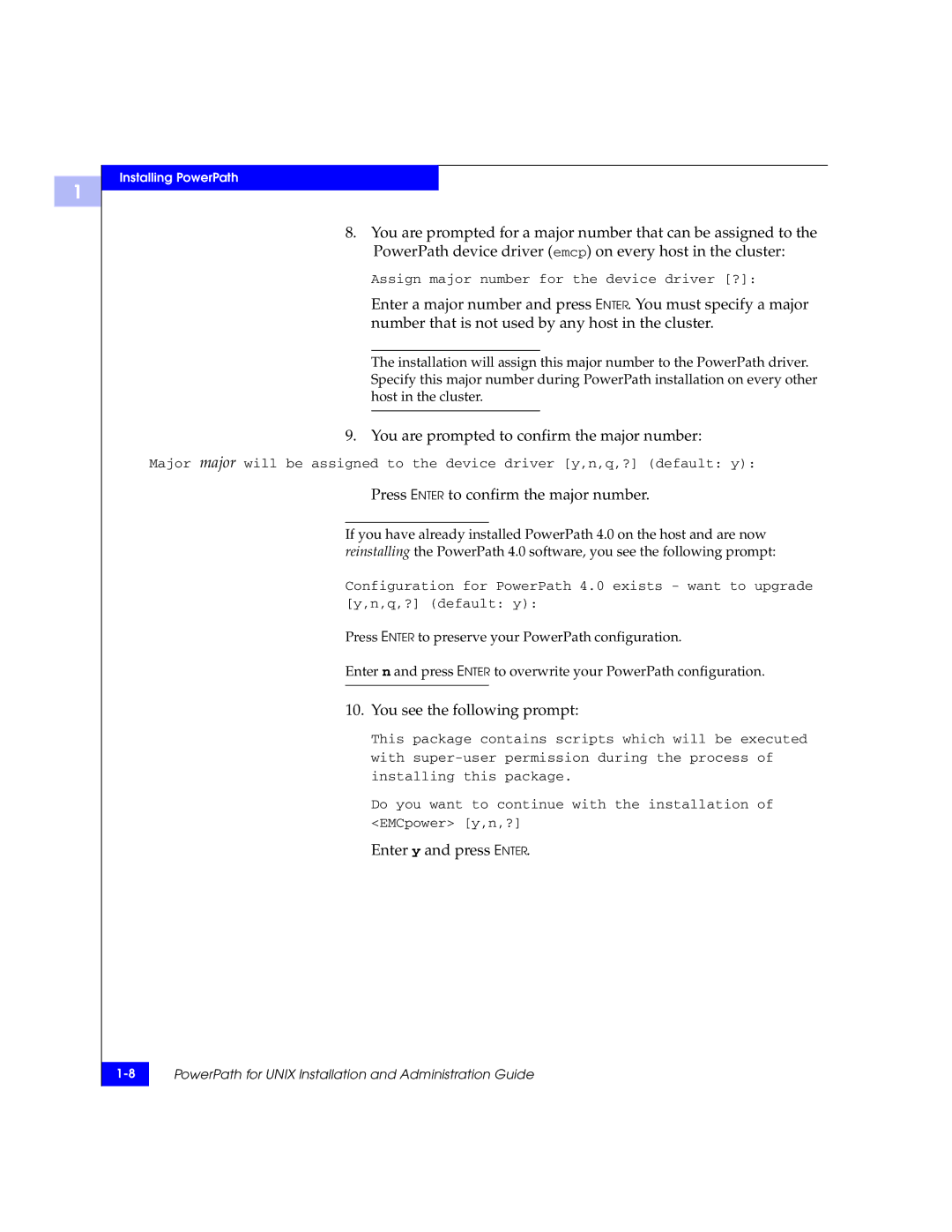 EMC 300-000-978 REV A03 manual You are prompted to confirm the major number, Press Enter to confirm the major number 