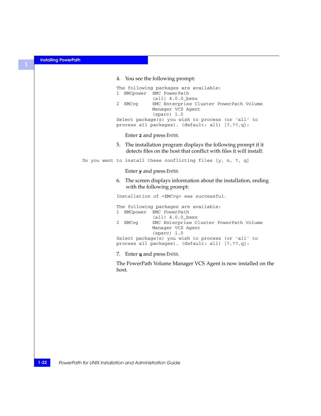 EMC 300-000-978 REV A03 manual Do you want to install these conflicting files y, n, ?, q 