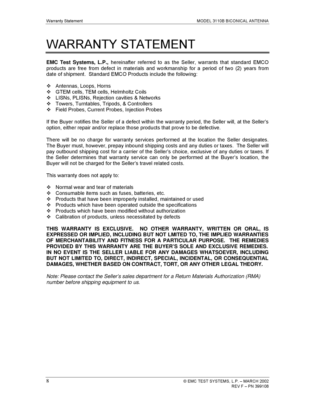 EMC 3110B manual Warranty Statement 