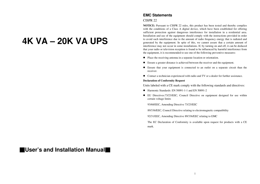 EMC 4K VA 20K VA UPS installation manual Declaration of Conformity Request 