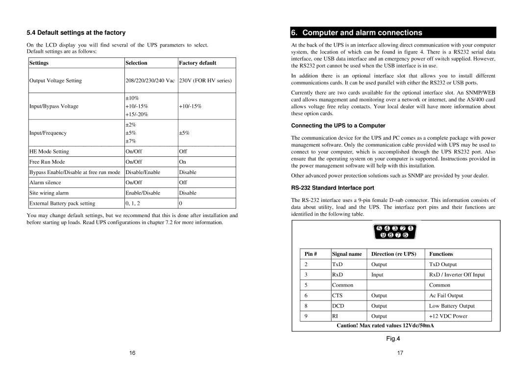 EMC 4K VA 20K VA UPS Computer and alarm connections, Default settings at the factory, Connecting the UPS to a Computer 