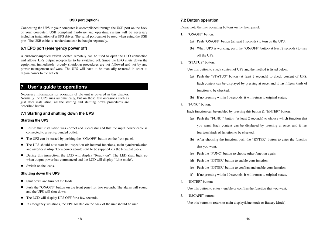 EMC 4K VA 20K VA UPS User’s guide to operations, EPO port emergency power off, Starting and shutting down the UPS 