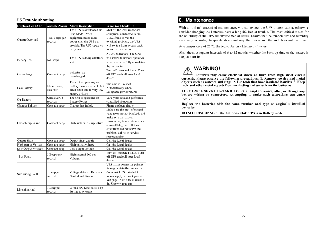 EMC 4K VA 20K VA UPS installation manual Maintenance, Trouble shooting 