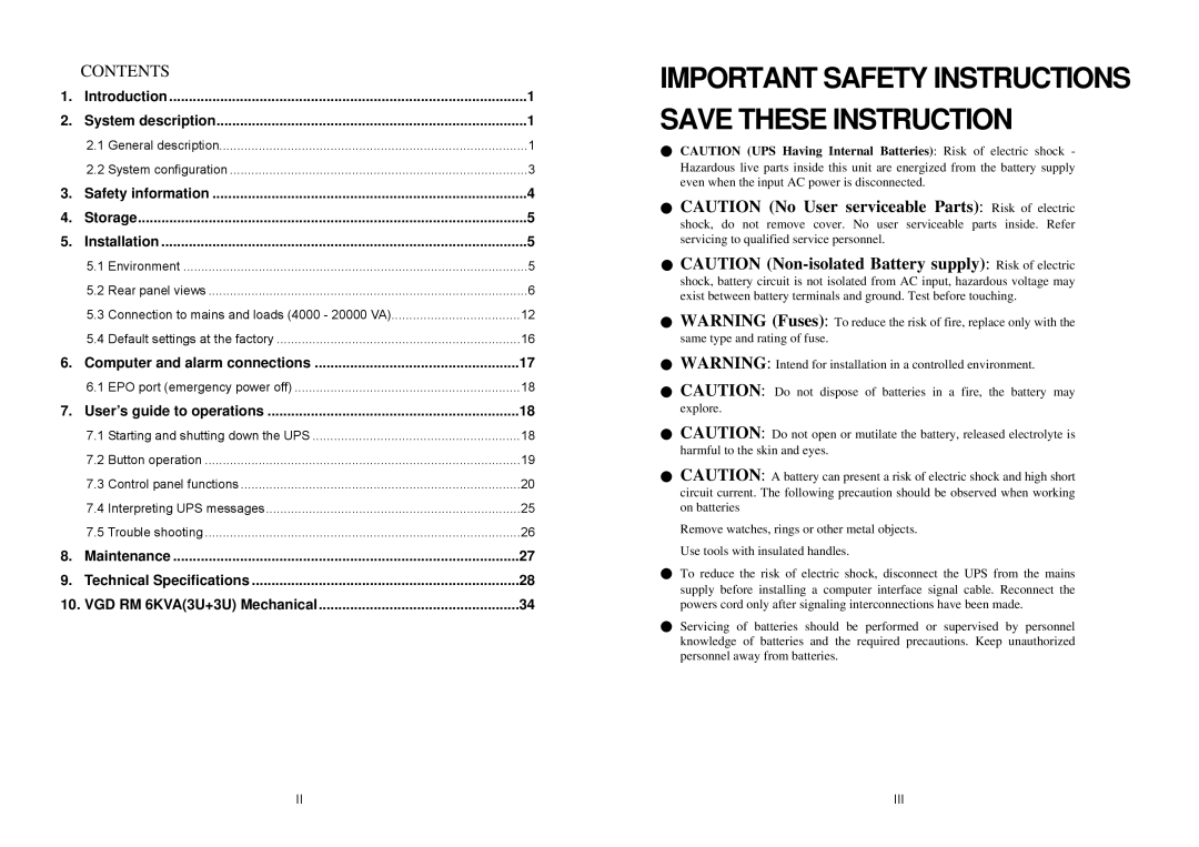 EMC 4K VA 20K VA UPS installation manual Important Safety Instructions Save These Instruction 