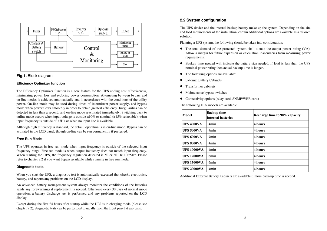 EMC 4K VA 20K VA UPS System configuration, Efficiency Optimizer function, Free Run Mode, Diagnostic tests 
