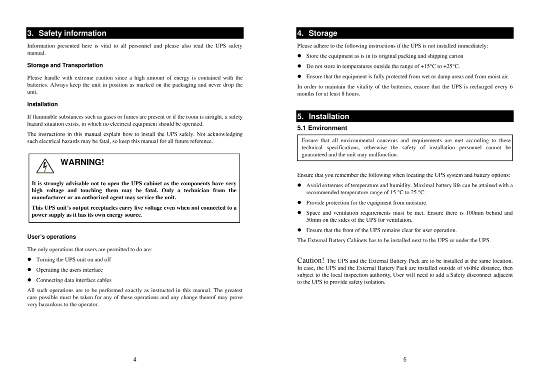 EMC 4K VA 20K VA UPS installation manual Safety information, Storage, Installation, Environment 