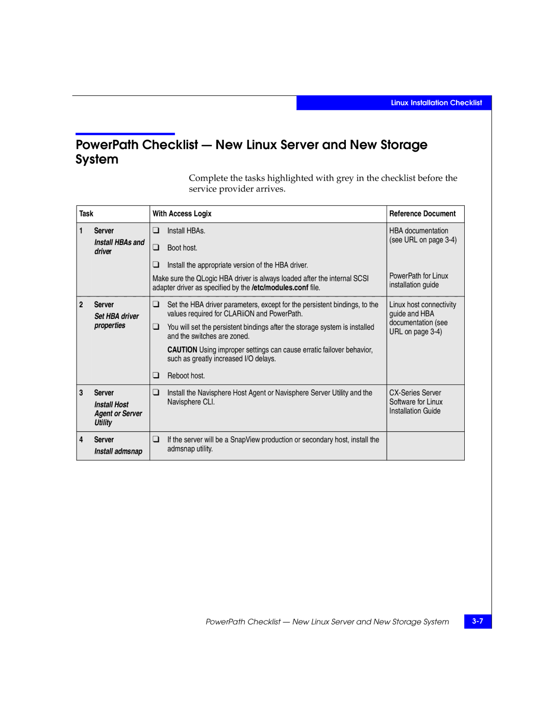 EMC 69001166 manual PowerPath Checklist New Linux Server and New Storage System, Properties 