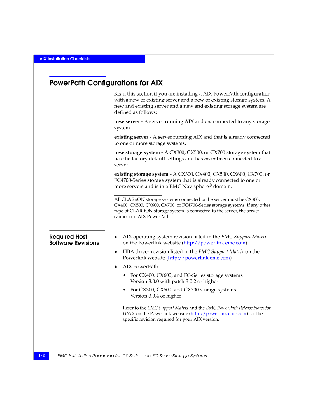 EMC 69001166 manual PowerPath Configurations for AIX, Required Host Software Revisions 