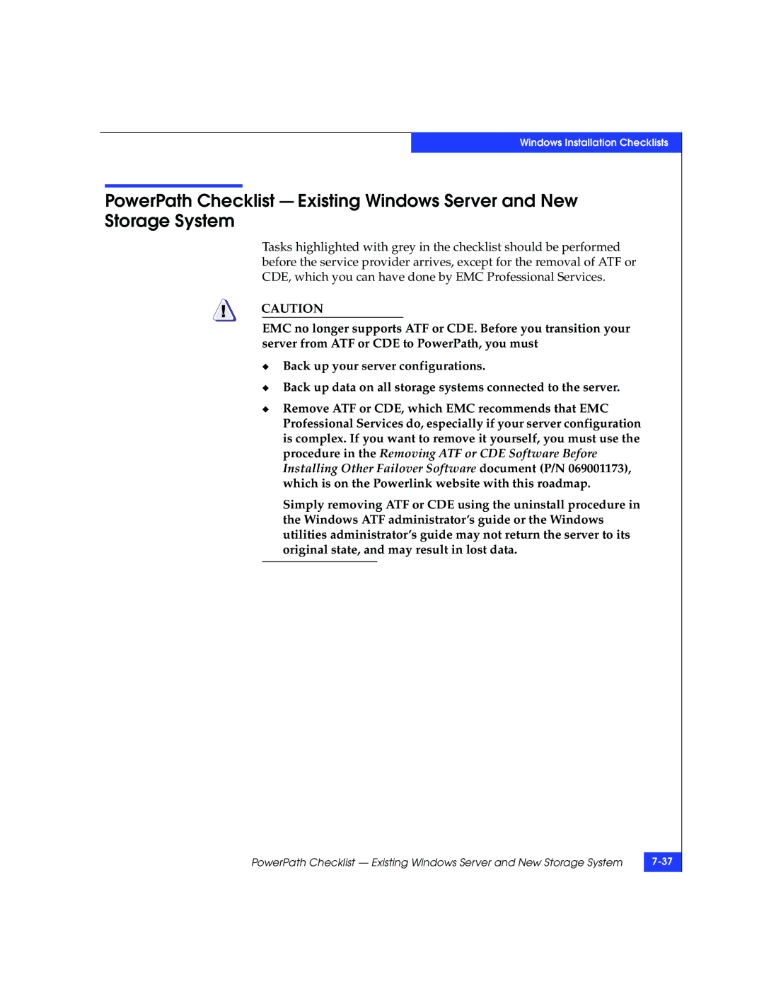 EMC 69001166 manual Windows Installation Checklists 