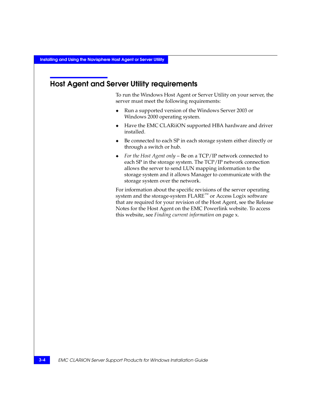 EMC CLARiiON manual Host Agent and Server Utility requirements 