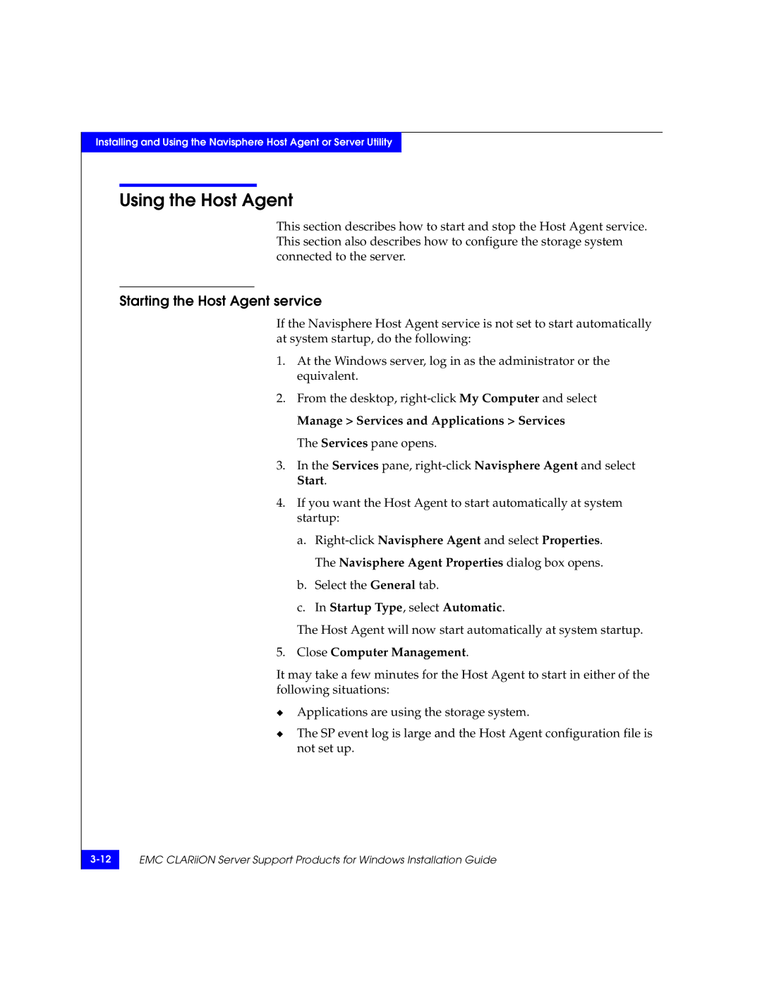 EMC CLARiiON manual Using the Host Agent, Starting the Host Agent service, Startup Type, select Automatic 