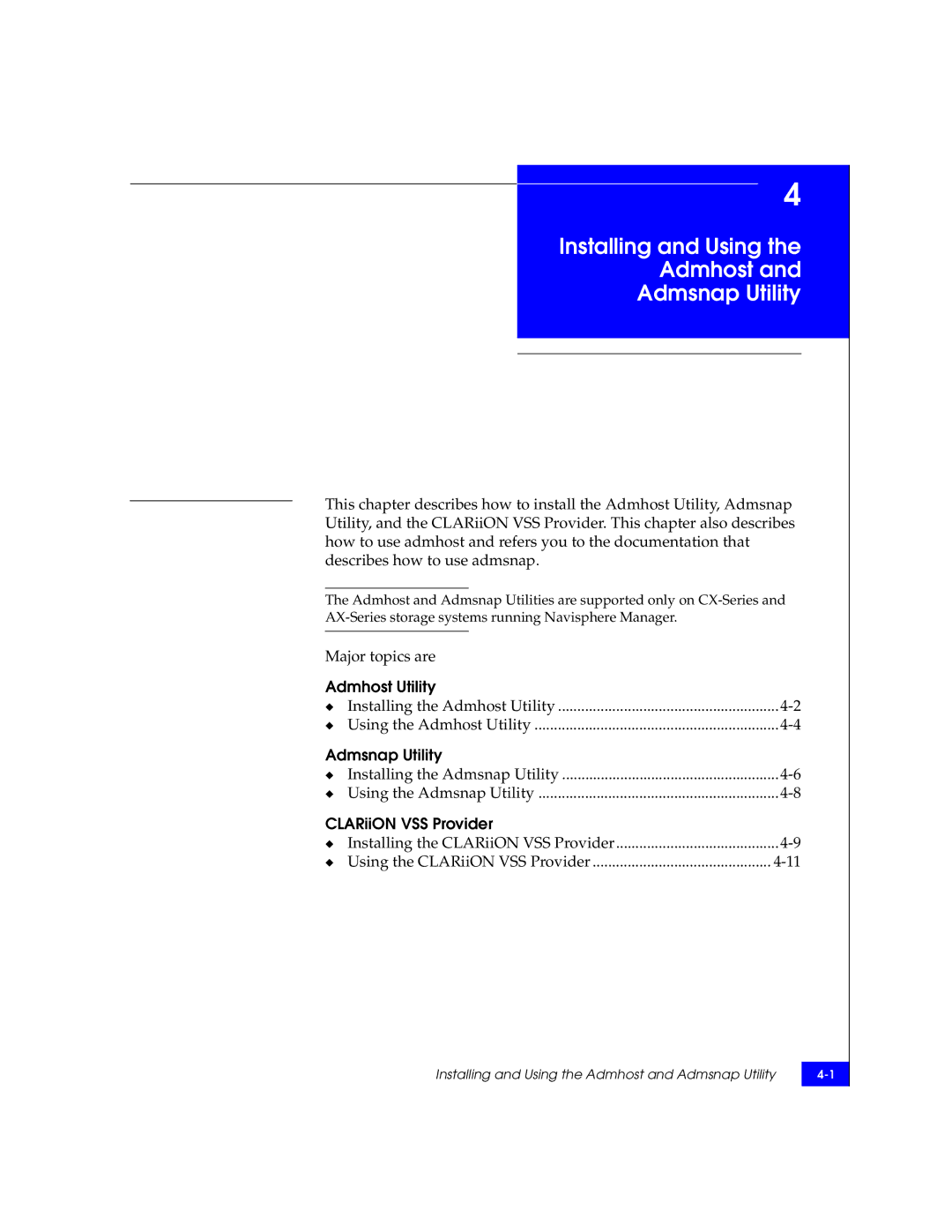 EMC manual Admhost Utility, Admsnap Utility, CLARiiON VSS Provider 