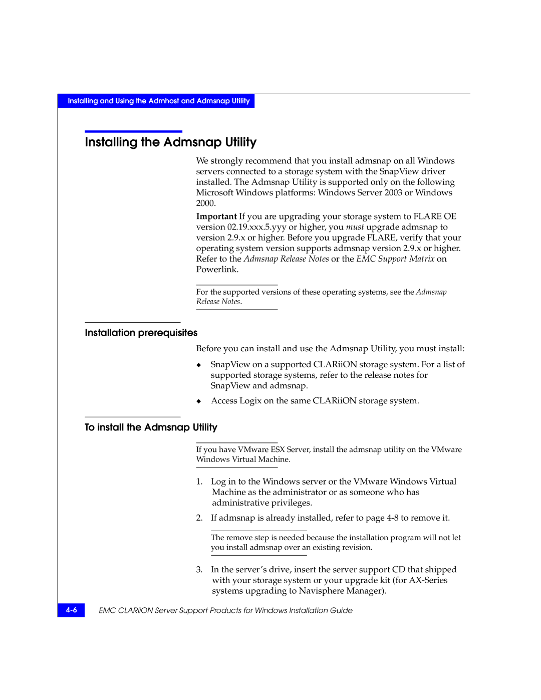 EMC CLARiiON manual Installing the Admsnap Utility, Installation prerequisites, To install the Admsnap Utility 