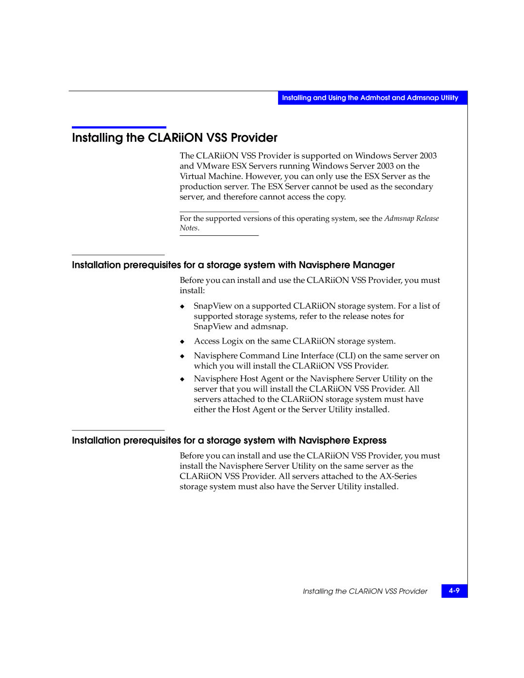 EMC manual Installing the CLARiiON VSS Provider 