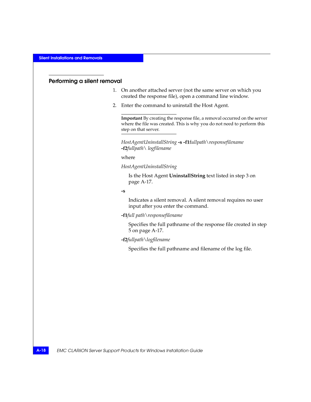 EMC CLARiiON manual HostAgentUninstallString, F1full path\responsefilename 