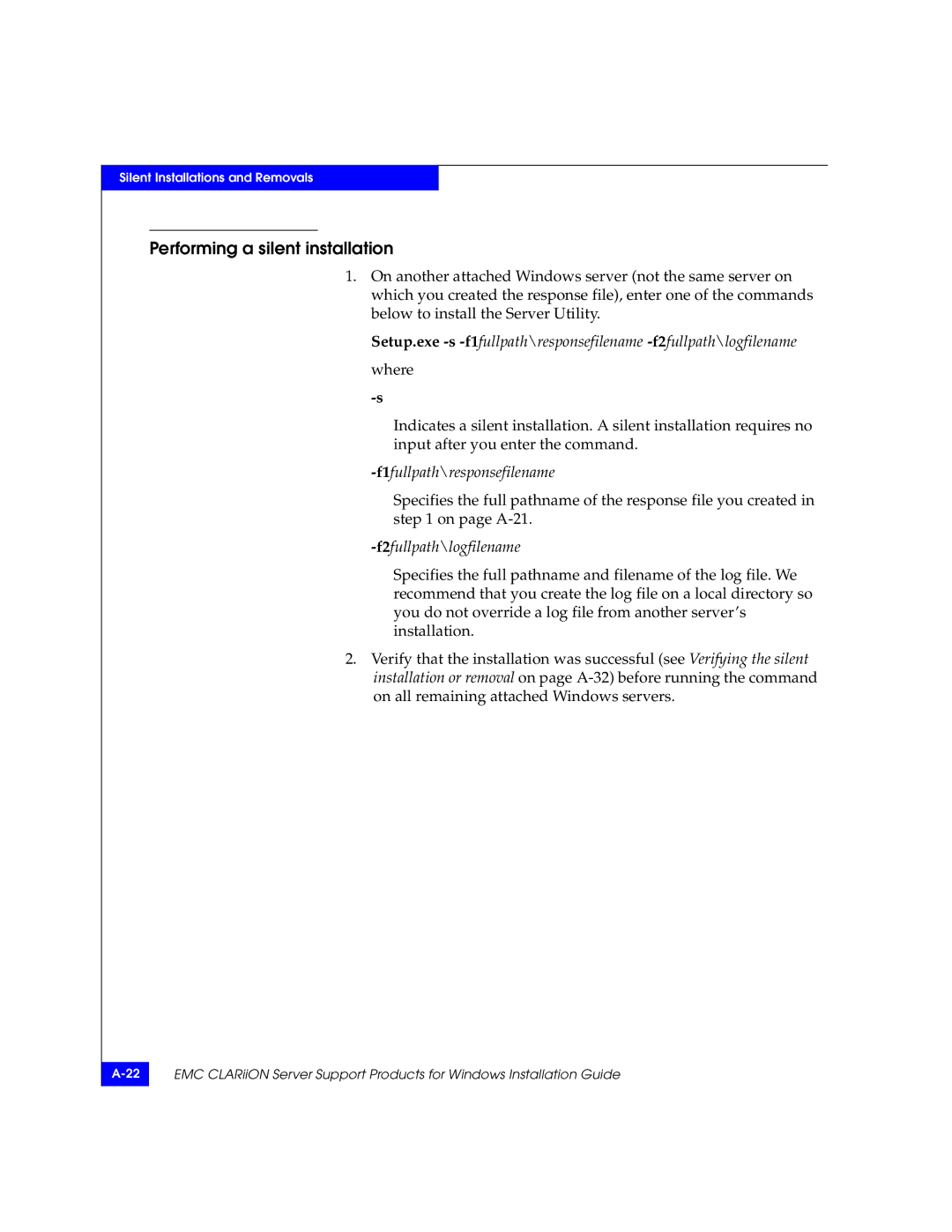 EMC CLARiiON manual Performing a silent installation 