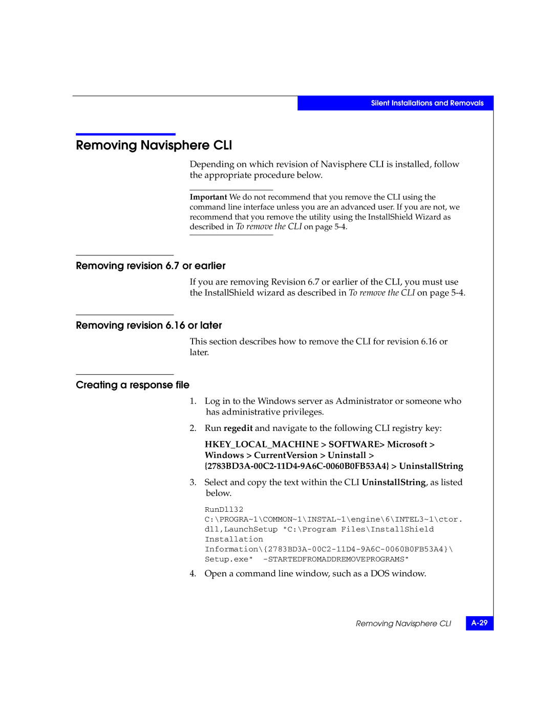 EMC CLARiiON manual Removing Navisphere CLI, Removing revision 6.7 or earlier 