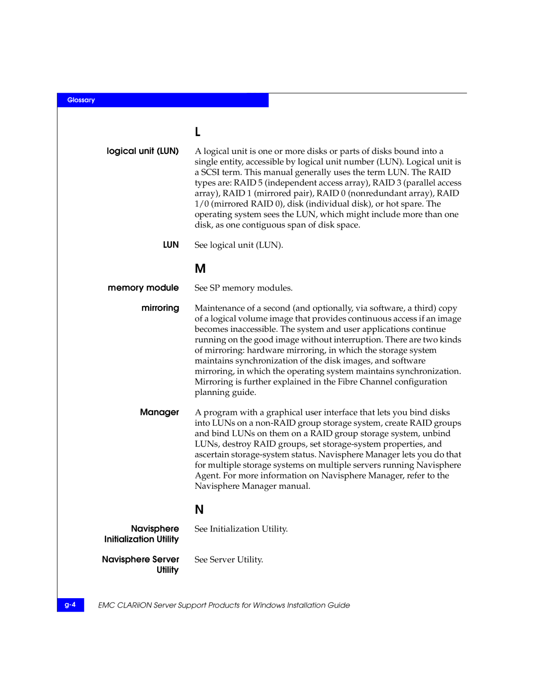 EMC CLARiiON manual Memory module, Mirroring, Manager, Initialization Utility Navisphere Server 