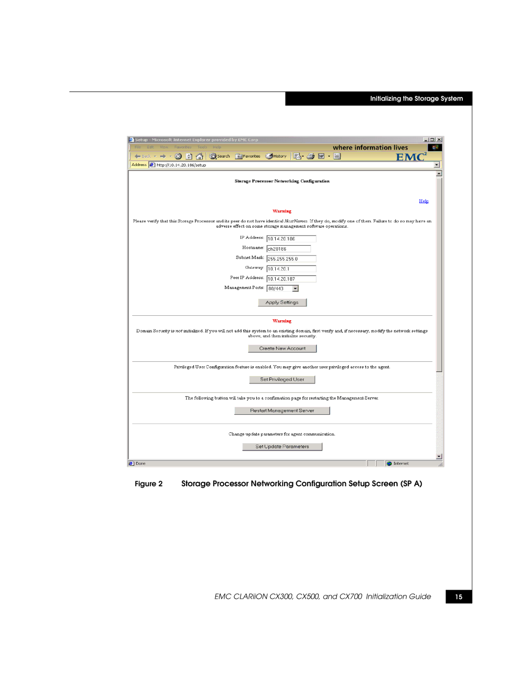 EMC CX500, CX700, CX300 manual Storage Processor Networking Configuration Setup Screen SP a 