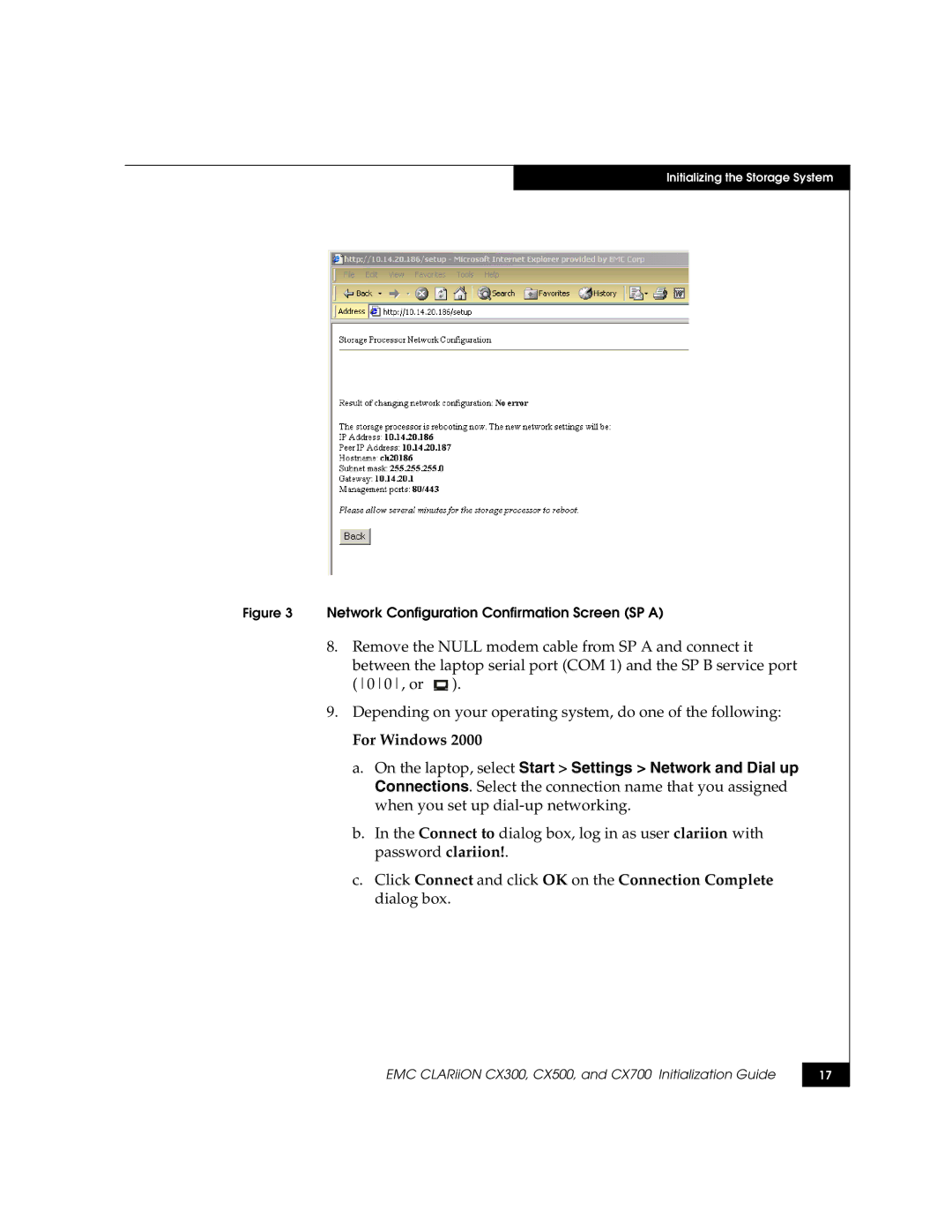 EMC CX300, CX500, CX700 manual Network Configuration Confirmation Screen SP a 