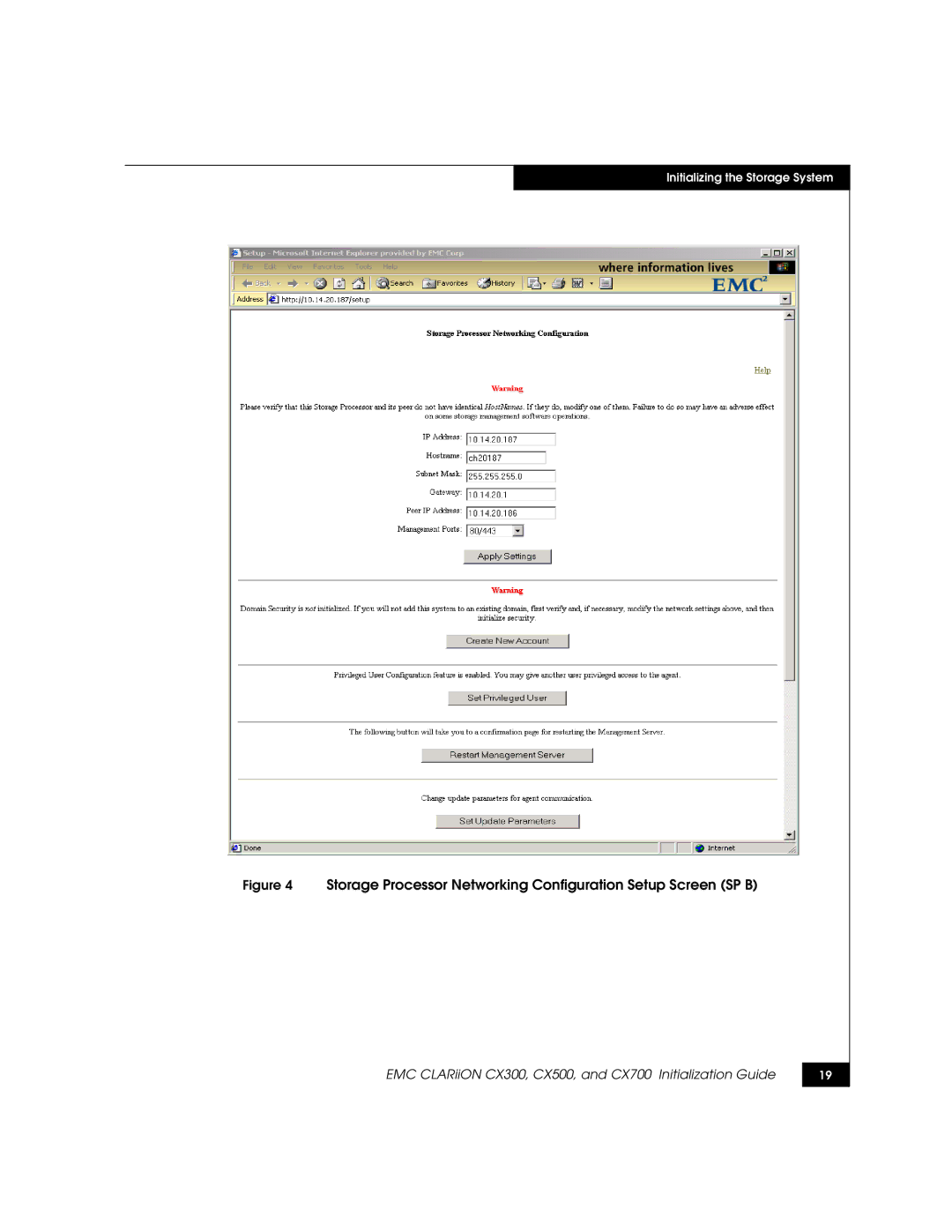 EMC CX700, CX500, CX300 manual Storage Processor Networking Configuration Setup Screen SP B 