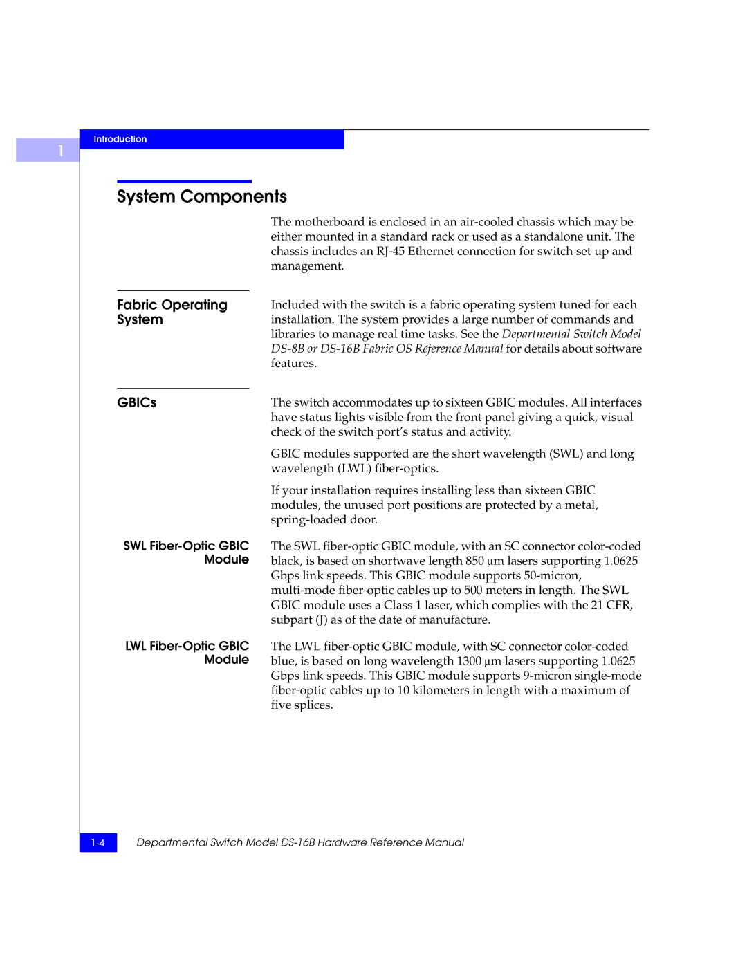 EMC DS-16B manual System Components, Fabric Operating, GBICs, SWL Fiber-Optic Gbic Module LWL Fiber-Optic Gbic Module 