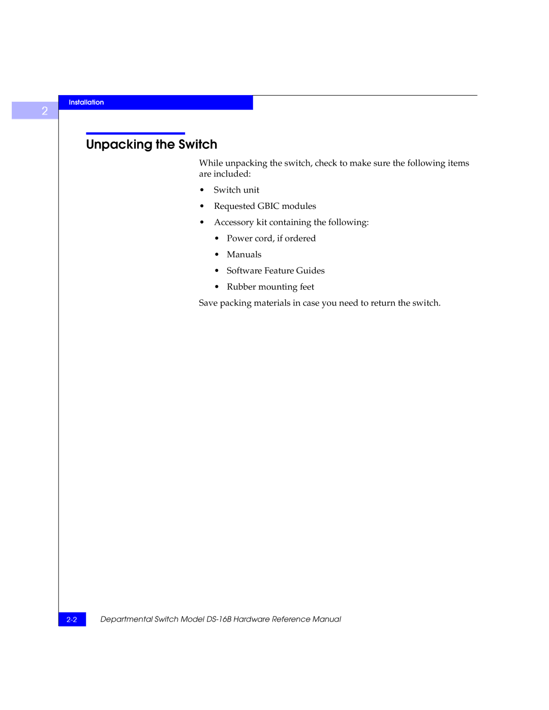 EMC DS-16B manual Unpacking the Switch 