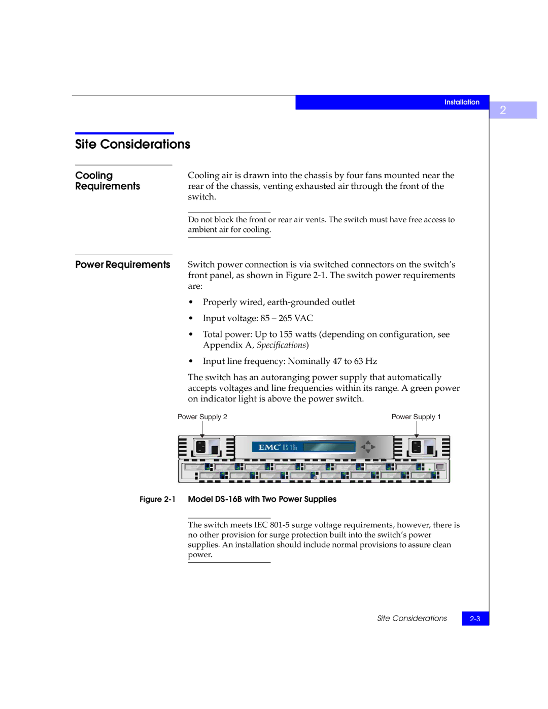 EMC DS-16B manual Site Considerations, Cooling, Power Requirements 