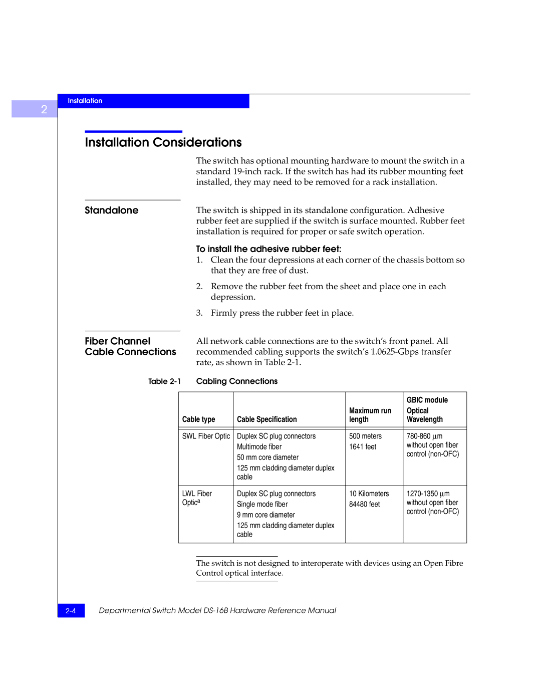 EMC DS-16B Installation Considerations, Standalone, Fiber Channel, Cable Connections, To install the adhesive rubber feet 