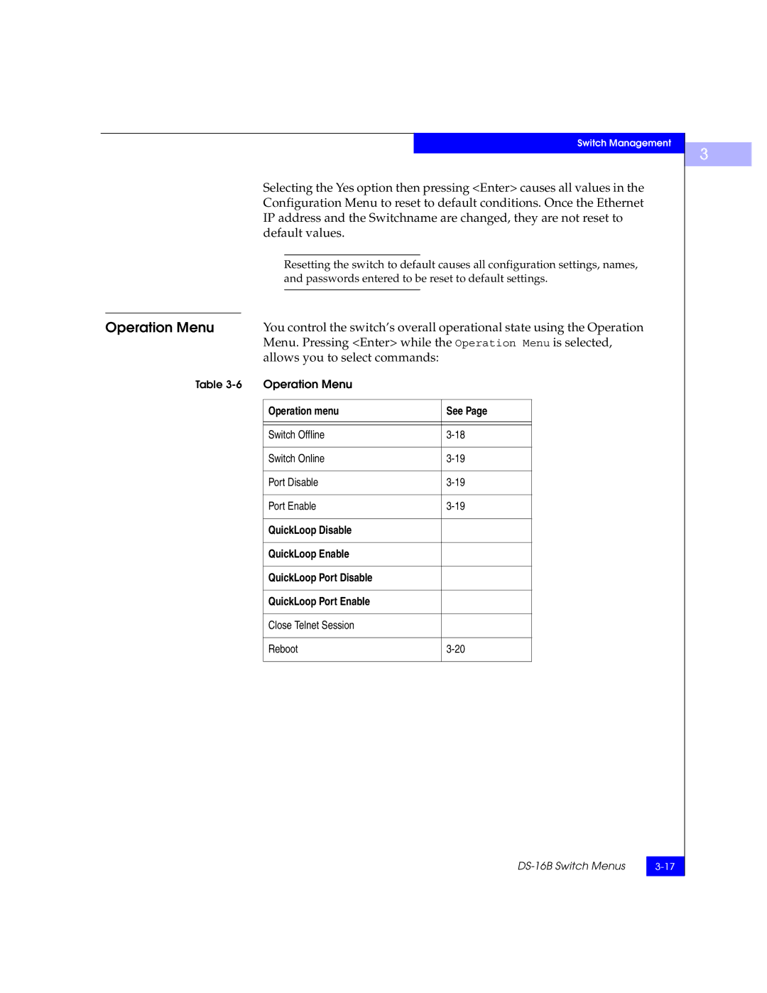 EMC DS-16B Default values, Menu. Pressing Enter while the Operation Menu is selected, Allows you to select commands 