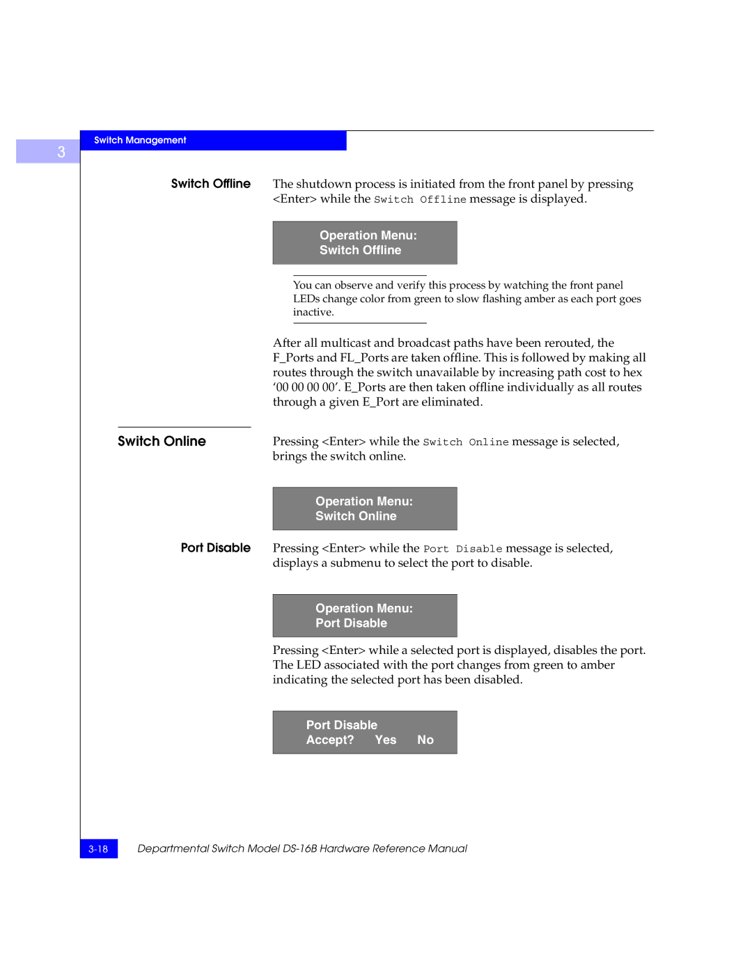 EMC DS-16B manual Operation Menu Switch Offline, Operation Menu Switch Online, Operation Menu Port Disable 