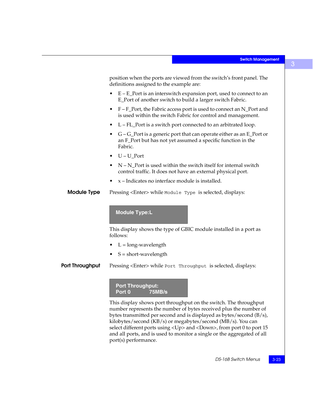 EMC DS-16B manual Module TypeL, Port Throughput 75MB/s 