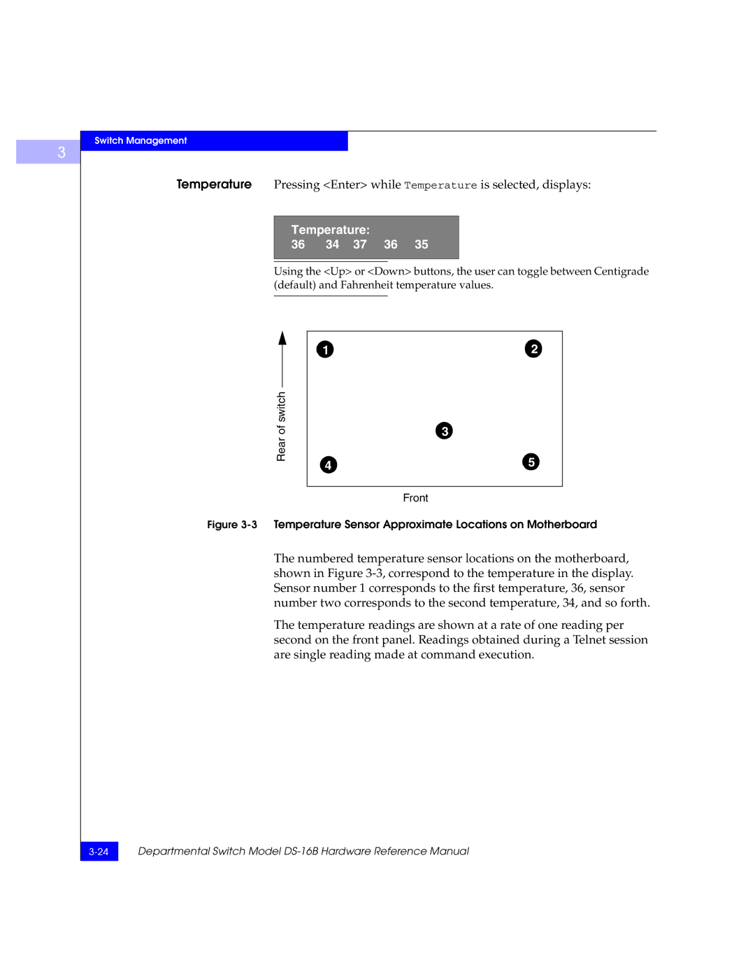 EMC DS-16B manual Temperature 36 34 37 36, 3Temperature Sensor Approximate Locations on Motherboard 