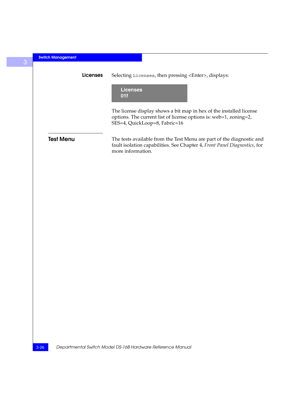 EMC DS-16B manual Test Menu, Licenses 01f 