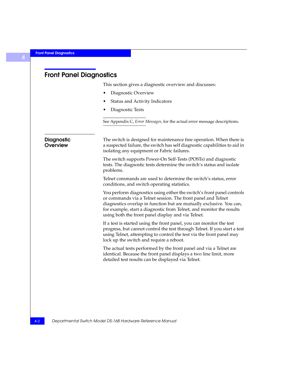 EMC DS-16B manual Front Panel Diagnostics, Overview, This section gives a diagnostic overview and discusses 