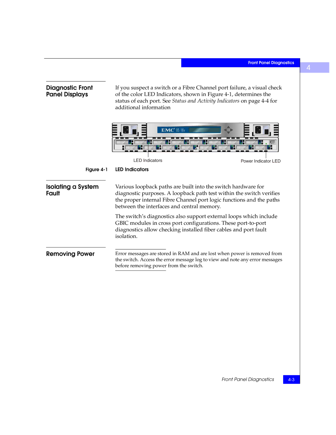 EMC DS-16B manual Diagnostic Front, Panel Displays, Isolating a System, Fault, Removing Power 