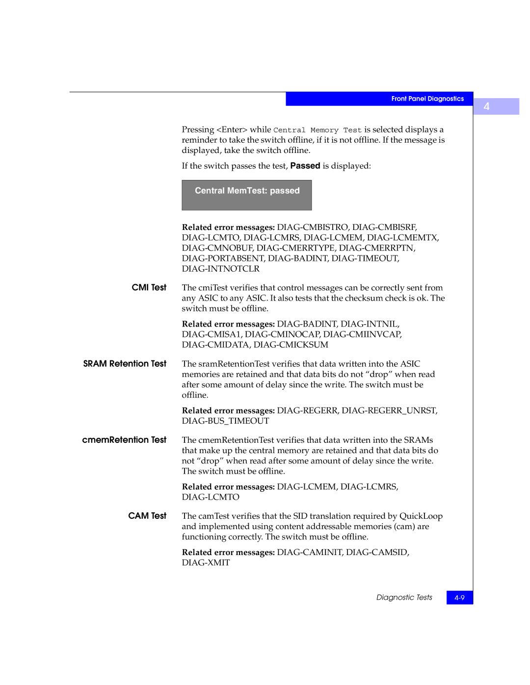 EMC DS-16B manual Central MemTest passed, Related error messages DIAG-CMBISTRO, DIAG-CMBISRF 