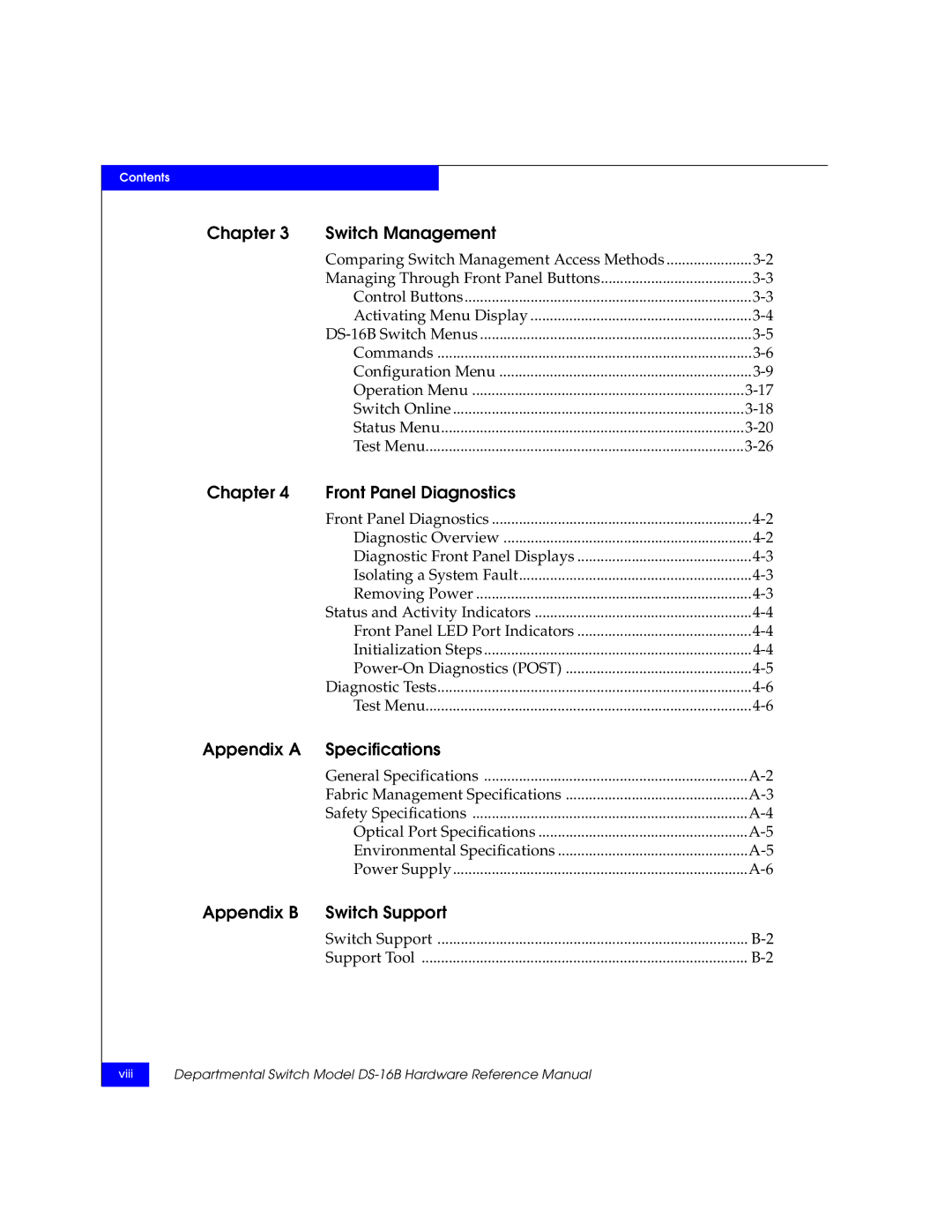 EMC DS-16B manual Chapter Switch Management, Chapter Front Panel Diagnostics, Appendix a Specifications 