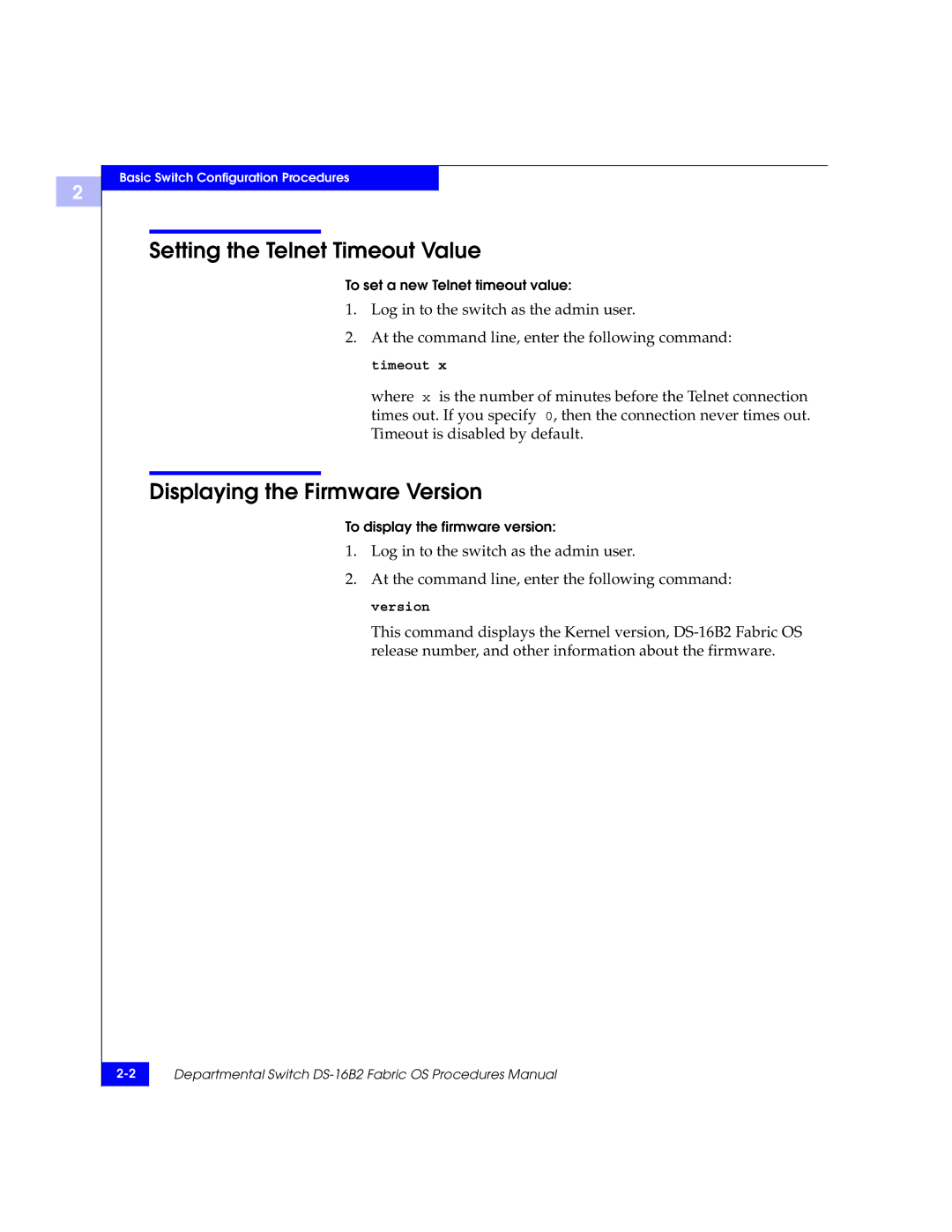 EMC DS-16B2 manual Setting the Telnet Timeout Value, Displaying the Firmware Version 