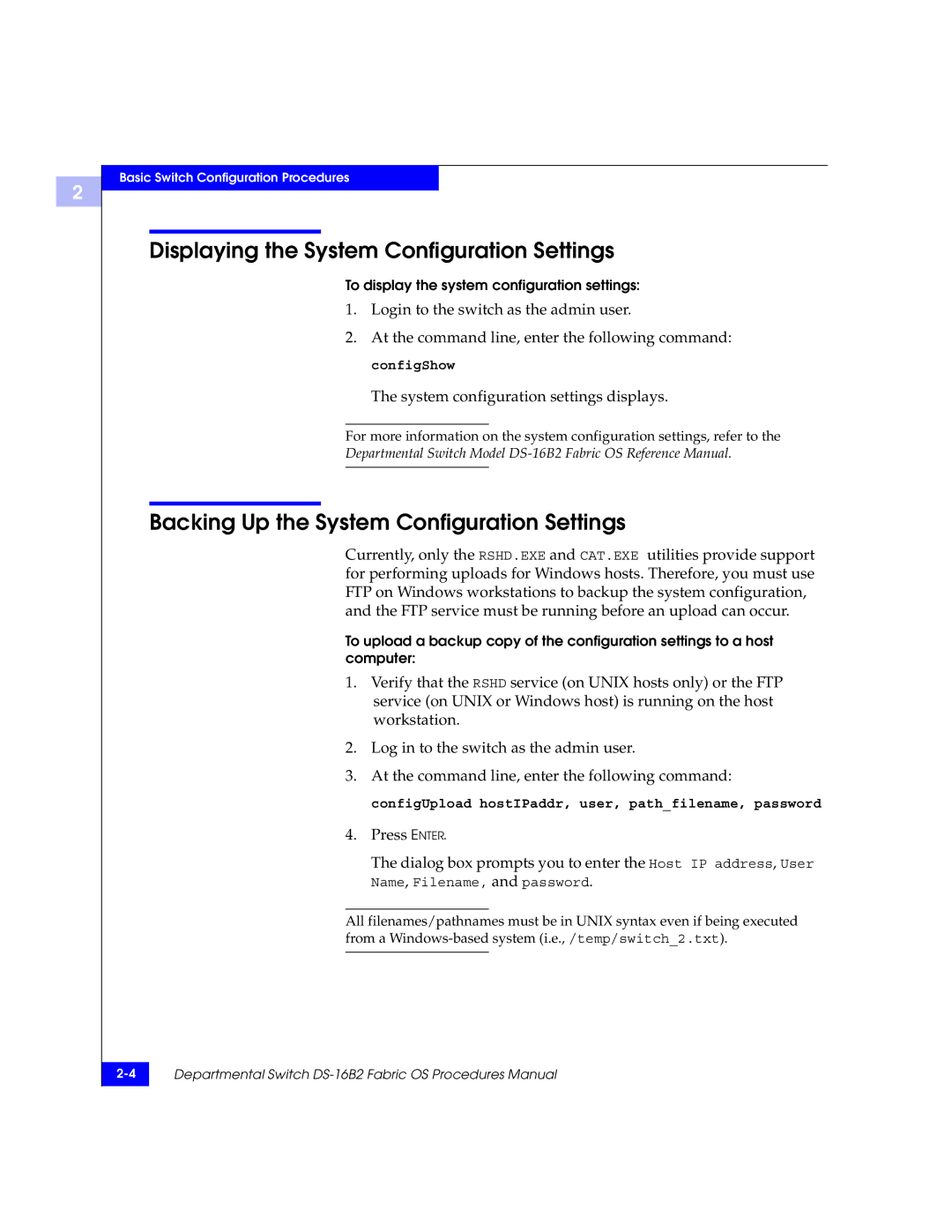 EMC DS-16B2 manual Displaying the System Configuration Settings, Backing Up the System Configuration Settings 