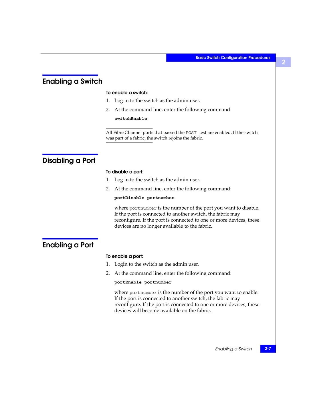 EMC DS-16B2 manual Enabling a Switch, Disabling a Port, Enabling a Port 