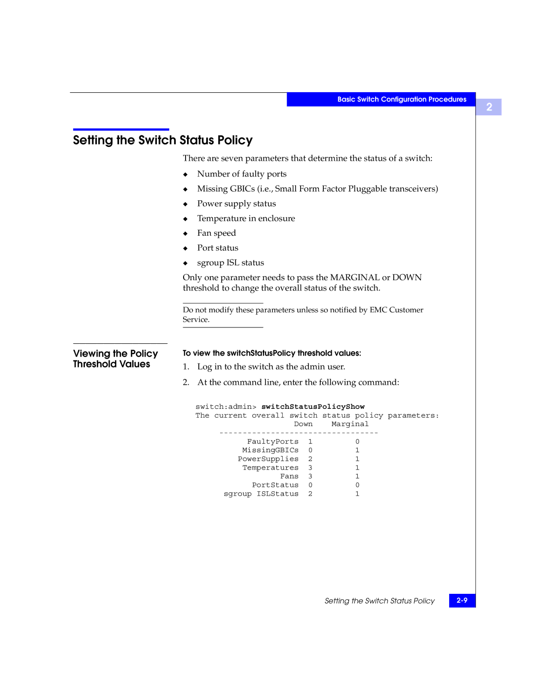 EMC DS-16B2 manual Setting the Switch Status Policy, Viewing the Policy Threshold Values 