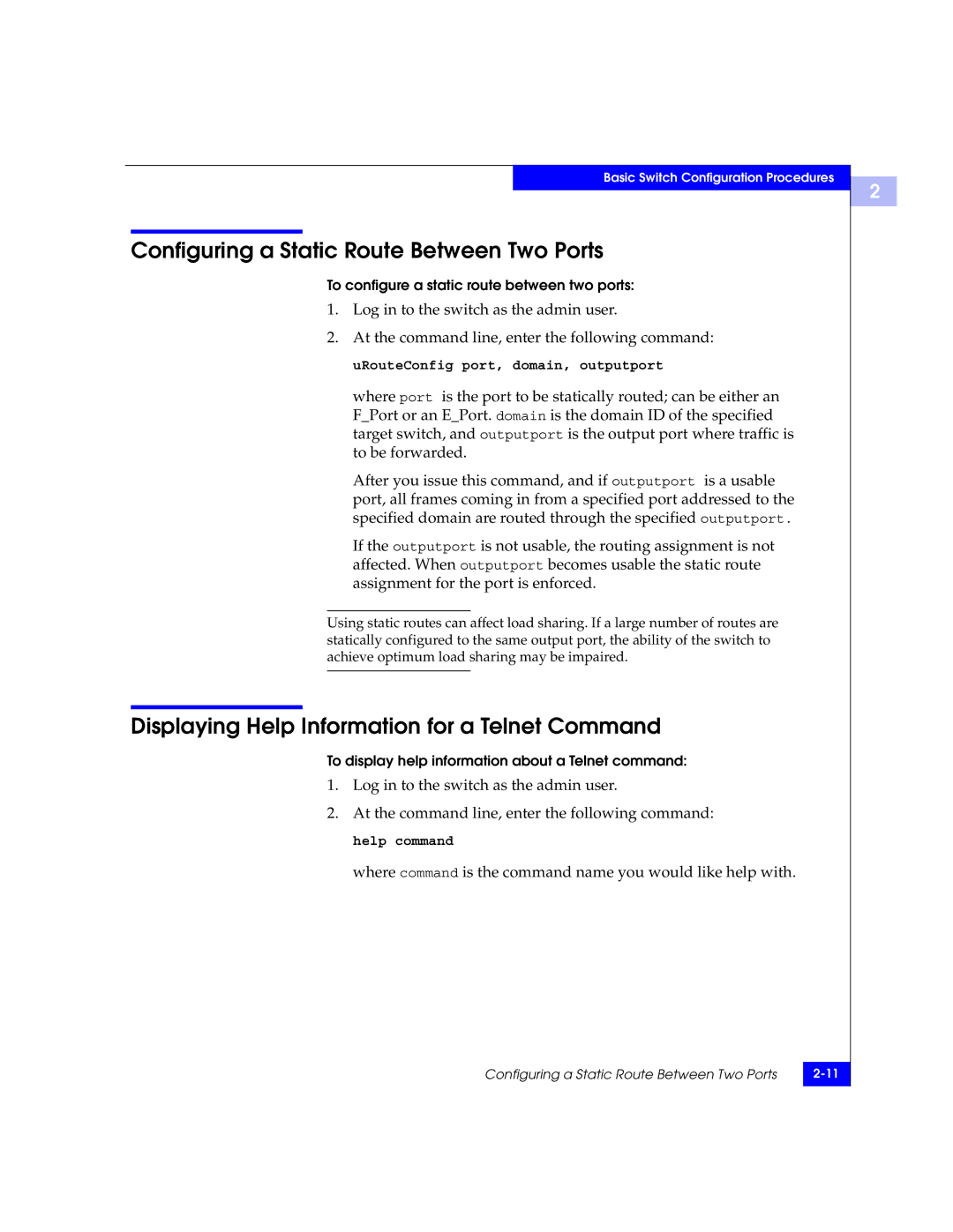 EMC DS-16B2 manual Configuring a Static Route Between Two Ports, Displaying Help Information for a Telnet Command 